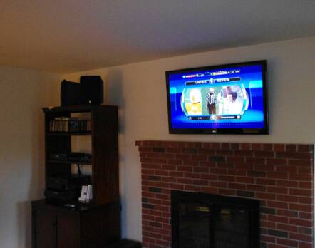 TV Mounted over fireplace wide view